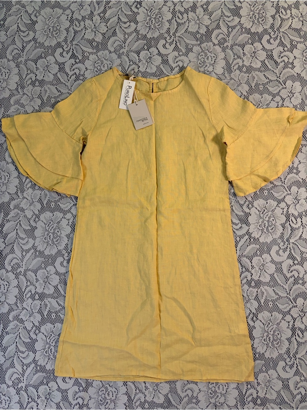 Francesca Bettini Puro Lino Marigold Linen Bell Sleeve Shift Dress Made in Italy